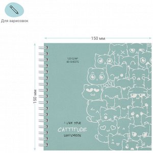 Скетчбук 60л., 150*150 MESHU ""Cat wave"", на гребне, 120г/м2, выборочный лак, Soft touch