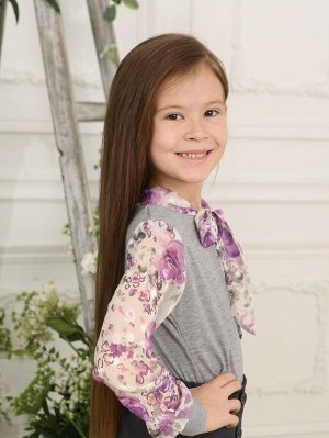 Серый джемпер(блузка)для девочки с бантом-галстуком Цвет: Серый