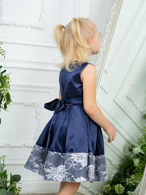 Нарядное тёмно-синее платье для девочки с белым гипюром Цвет: тёмно-синий