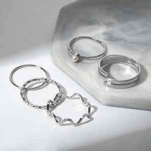 Кольцо набор 5 штук "Идеальные пальчики" плетение, цвет белый в серебре