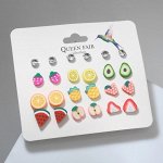 Набор серьги 12 пар &quot;Вкусняшки&quot; фруктики, цветные в серебре