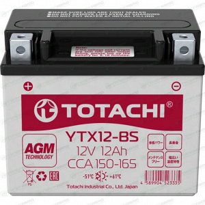 Аккумулятор для мото Totachi YTX12-BS, AGM, 12Ач, CCA 150–165A, необслуживаемый, арт. 90012