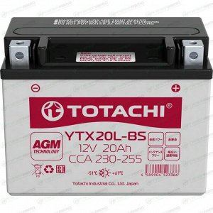 Аккумулятор для мото Totachi YTX20L-BS, AGM, 20Ач, CCA 230–255A, необслуживаемый, арт. 90020