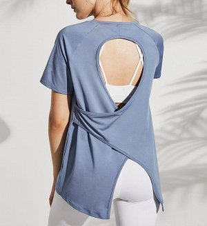 Женская спортивная удлиненная футболка, вырез на спине, цвет голубой