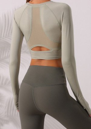 Женская спортивная кофта, сетчатая вставка на спине с вырезом, на рукавах вырезы под большие пальцы, цвет оливковый