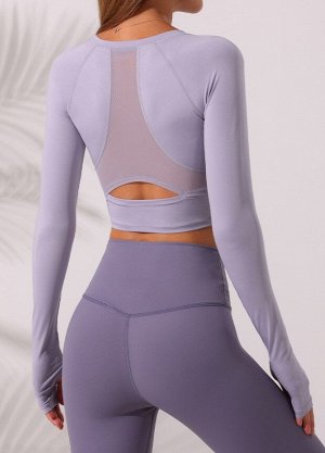 Женская спортивная кофта, сетчатая вставка на спине с вырезом, на рукавах вырезы под большие пальцы, цвет сиреневый