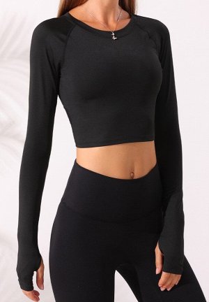 Женская спортивная кофта, сетчатая вставка на спине с вырезом, на рукавах вырезы под большие пальцы, цвет черный