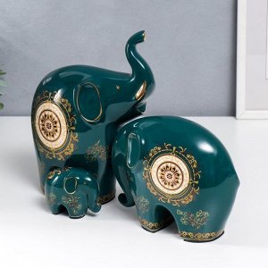 Сувенир керамика "Три слона - узоры" зелёные набор 3 шт 6,5х4,6х8,2 15х8,5х18 24х9,2х19,3 см   75335