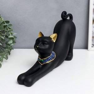 Сувенир полистоун "Чёрная кошка с синим ожерельем" потягивается 19х9х34 см