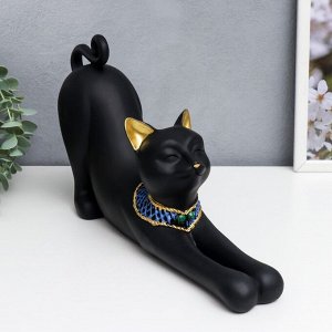 Сувенир полистоун "Чёрная кошка с синим ожерельем" потягивается 19х9х34 см