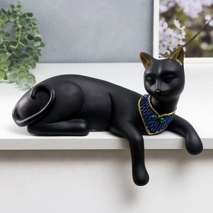 Сувенир полистоун "Чёрная кошка с синим ожерельем" лежит 21х12,5х28,5 см