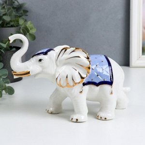 Сувенир керамика "Белый слон с попоной с кисточками" синий с золотом 16 см