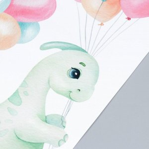 Наклейка пластик интерьерная цветная "Динозаврик зелёный с воздушными шарами" 30х60 см