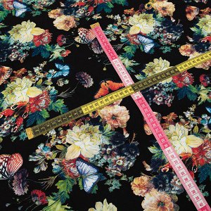 Ткань на отрез штапель 150 см Q3119-1 Бабочки и цветы на черном