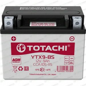 Аккумулятор для мото Totachi YTX9-BS, AGM, 9Ач, CCA 105–115A, необслуживаемый, арт. 90029