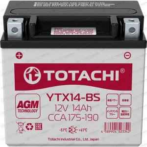 Аккумулятор для мото Totachi YTX14-BS, AGM, 14Ач, CCA 175–190A, необслуживаемый, арт. 90214