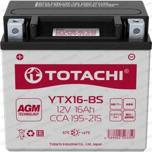 Аккумулятор для мото Totachi YTX16-BS, AGM, 16Ач, CCA 195–215A, необслуживаемый, арт. 90016