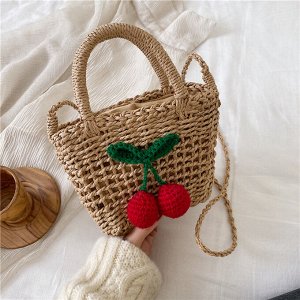 Плетеная сумка с декором вишни, цвет кофейный
