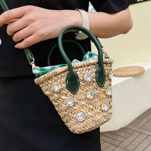 Мини сумка-корзинка со стразами, цвет темно-зеленый