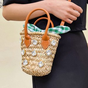 Мини сумка-корзинка со стразами, цвет коричневый