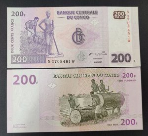 Конго 200 франков 2007 UNC