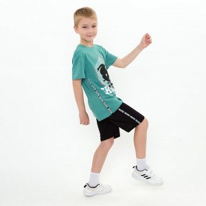 Комплект для мальчика (футболка/шорты), цвет серо-зеленый/черный, рост 140 см