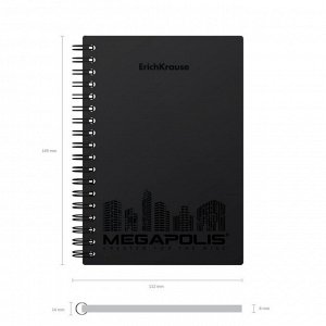 Тетрадь А6 (120 х 146 мм), 80 листов в клетку на гребне ErichKrause "Megapolis", пластиковая обложка, выборочный УФ-лак, блок офсет, белизна 100%, чёрная