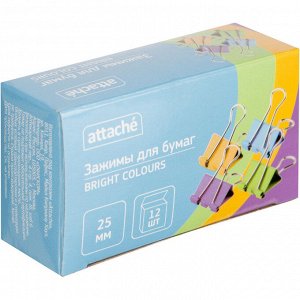 Зажимы для бумаг Attache Bright Colours 25мм,цветные,12шт/уп в ка...