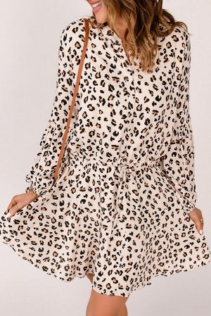 Бежевое приталенное платье-блузон с леопардовым принтом
