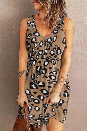 Бежево платье с V-образным вырезом на пуговицах и леопардовым принтом