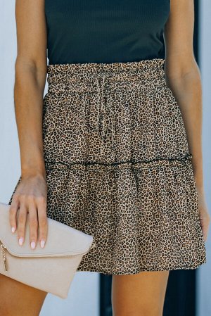 Леопардовая мини-юбка с оборками и эластичной талией на шнуровке