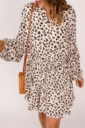 Бежевое приталенное платье-блузон с леопардовым принтом