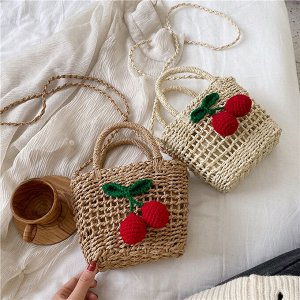 Плетеная сумка с декором вишни, цвет кофейный