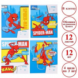 Комплект тетрадей из 12 шт "Человек-паук", 12 листов, в клетку, обложка бумага мелованная.
