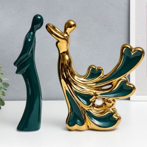 Сувенир керамика "Обьятия, шлейф с сердцами" тёмно-зелёный с золотом набор 2 шт 26,5х26 см