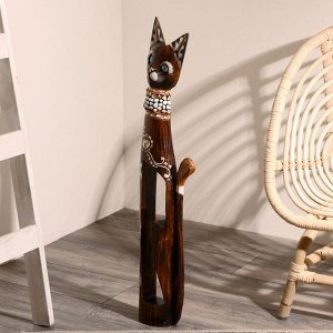 Сувенир «Кошка в ошейнике из камней и с расписным цветком», 80x13x7 см, дерево