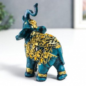 Сувенир полистоун "Синий слон в попоне с золотым узором и зеркалами" 14х7х11 см