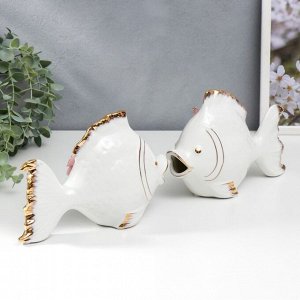 Сувенир керамика "Две белые рыбки с цветами" набор 2 шт 14,5х9,5х22 см