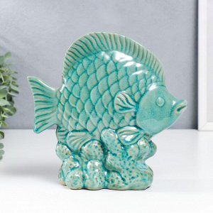 Сувенир керамика "Рыбка в кораллах" бирюзовый шамот 21,5х8х21,5 см