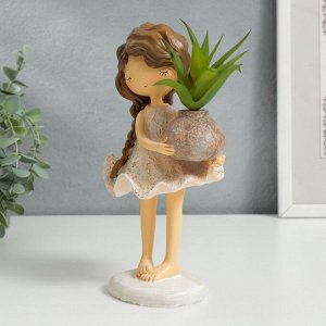 Сувенир полистоун "Малышка с косой, с растением в вазе" 21х9х11,3 см