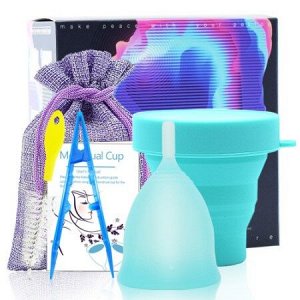 Набор: менструальная чаша Menstrual Cup с контейнером, щеточкой и пинцетом. Голубая
