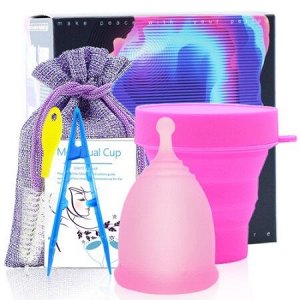 Набор: менструальная чаша Menstrual Cup с контейнером, щеточкой и пинцетом. Розовая