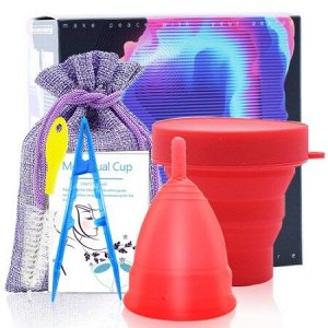 Набор: менструальная чаша Menstrual Cup с контейнером, щеточкой и пинцетом. Красная
