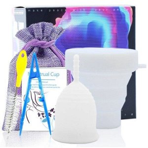 Набор: менструальная чаша Menstrual Cup с контейнером, щеточкой и пинцетом. Белая