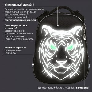 Ранец BRAUBERG SHINY, 2 отделения, &quot;Tiger&quot;, СВЕТЯЩИЙСЯ РИСУНОК, 36х28х14 см, 270698