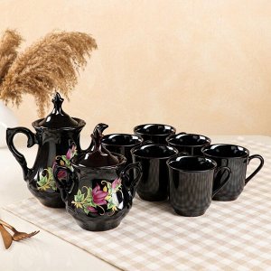 Чайный сервиз "Александра", 8 предметов, коричневый, деколь цветы, 0.9/0.6/0.3 л