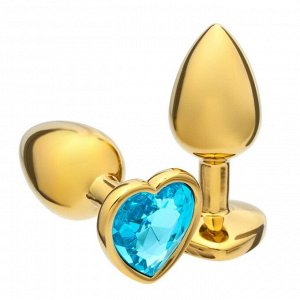 Анальная пробка, золотая, с голубым кристаллом в форме сердца, D = 28 мм