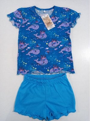 Комплект детский летний для девочки(футболка+шорты) цвет Синий(Тимошка)