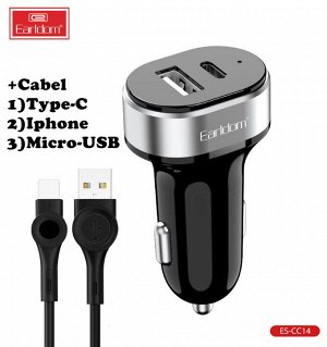 Earldom NEW ! Автомобильное зарядное устройство Eardlom C14 PD Quick Charge 2.4A + кабель 1*USB + 1*Type-C