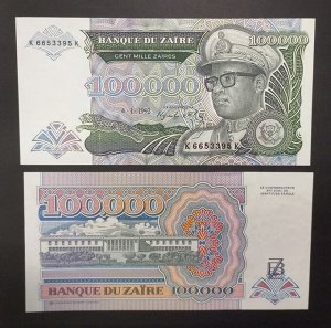 Заир 100000 заир 1992 UNC